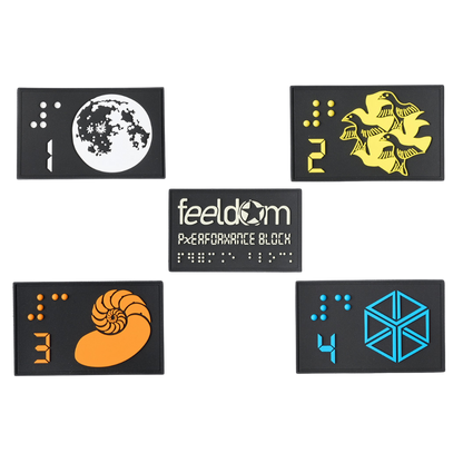 5 tactile Braille design patches (Full Moon, Birds by M.C. Escher, Nautilus revealing the Fibonacci Sequence, 3-D Cube optical illusion, Feeldom x Performance Block patch which glows in the dark).